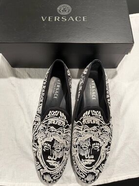Versace Black Velvet Loafers with White Medusa Embroidery